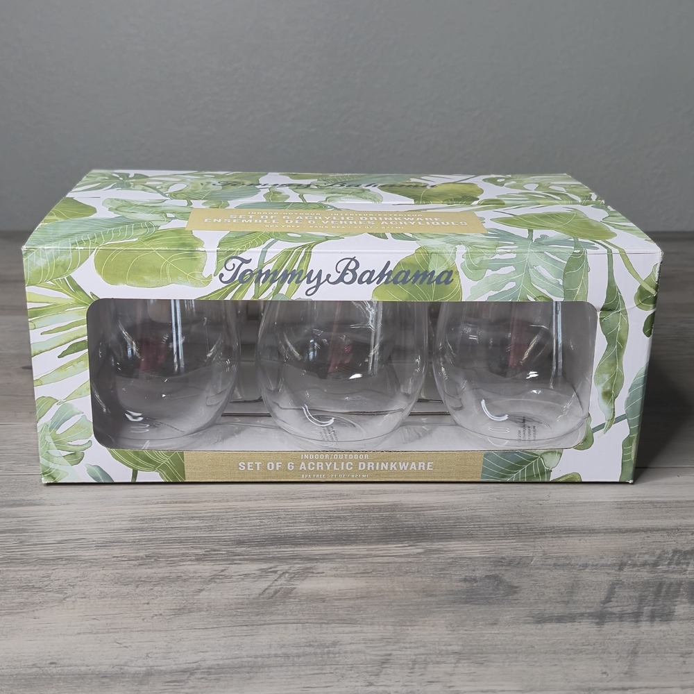 Tommy Bahama Set of 6 BPA Free Stemless Wine Glasses Shatter Proof Acrylic 21oz